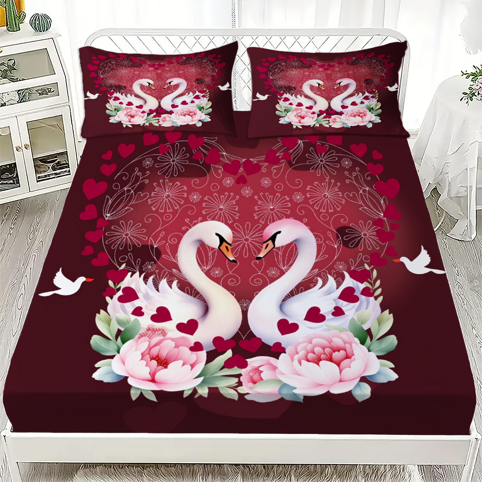 

3 шт. Набор постельного белья с принтом «Пара лебедей» Романтический для пар Подарок Плоская простыня с 2 наволочками Декор для спальни 160x200x25cm
