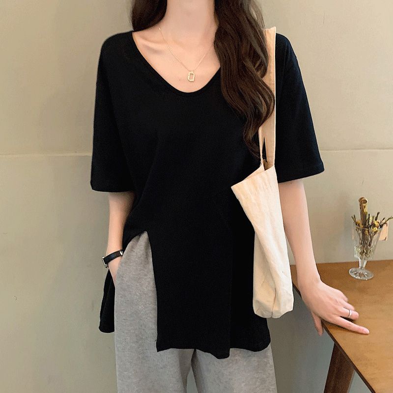 

Black Split Short sleeve T-shirt Women Summer Plus size Loose Slimming Large V-neck Small Clavicle Top Mid-Length Black L