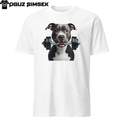 Unique Pitbull Terrier with Dumbbell Unisex T-Shirt | Short Sleeve, Gym Dog Tee