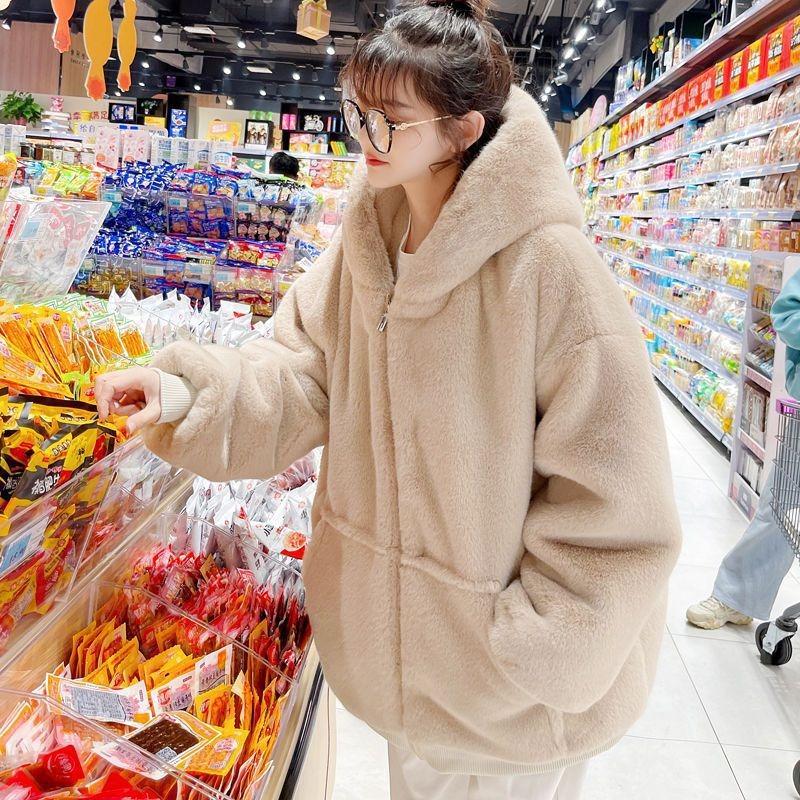 Winter New Imitation Rex Rabbit Fur Young Thickened Hooded Coat Lamb Wool Coat Women