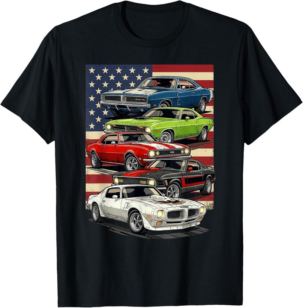 Vintage Patriotic Style American Flag Muscle Car Old Car Enthusiast Tshirt