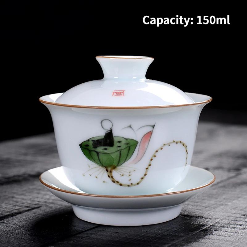 Jingdezhen-Porcelain Tea Set, Ceramic Teacups and Saucers, Handpainted Lotus, Travel, Easy Gaiwan, Porcelain Cup, Tableware