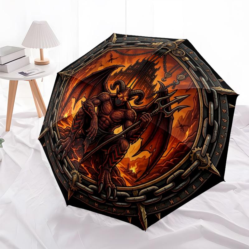 Devilish Inferno Emblem pattern umbrella, portable and foldable design, 8 ribs, a casual accessory for Halloween, Christmas, and birthday gifts.