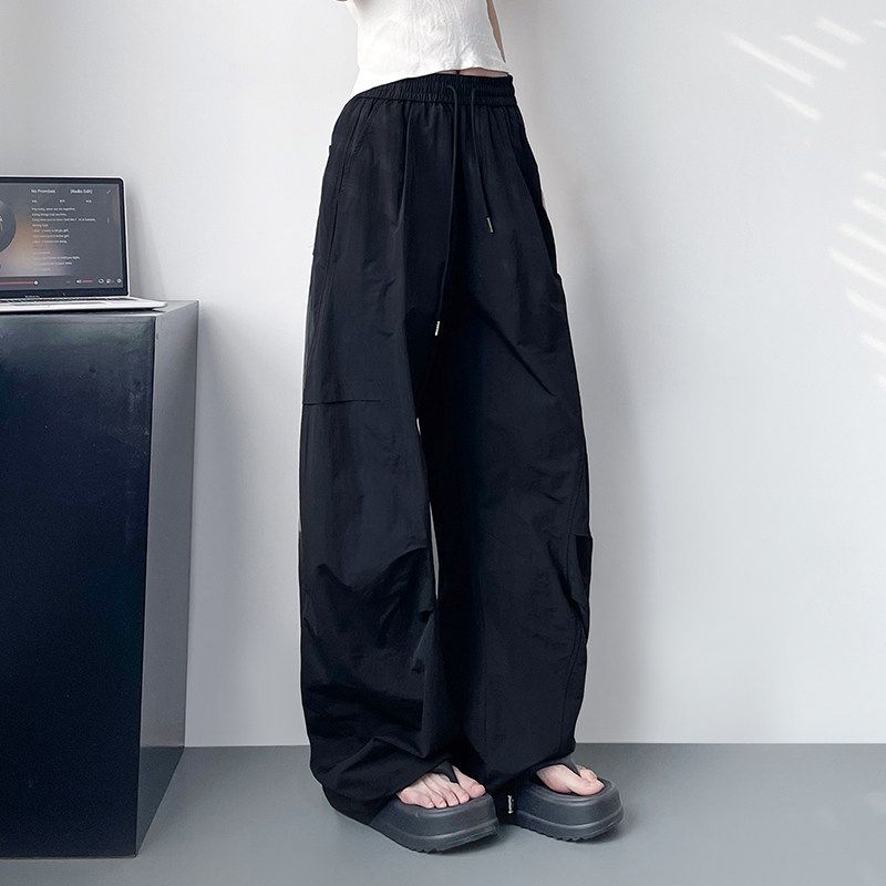 White Ice Silk Quick-Drying Wide-Leg Pants Women Summer Plus size Chubby Girl High Waist Drawstring Casual Pants Slim Sports Overalls