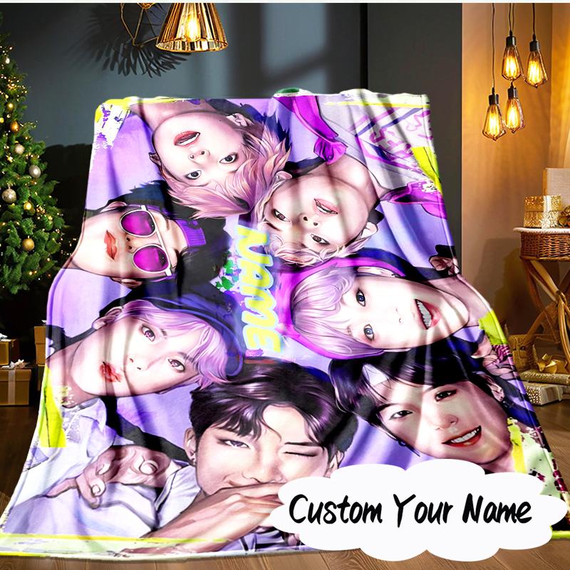 Custom Name Kawaii Stars K-pop Blanket Ideal Bedding Blanket Perfect for Travel, Camping, Living Rooms, Offices, Sofas, Fan Christmas gift