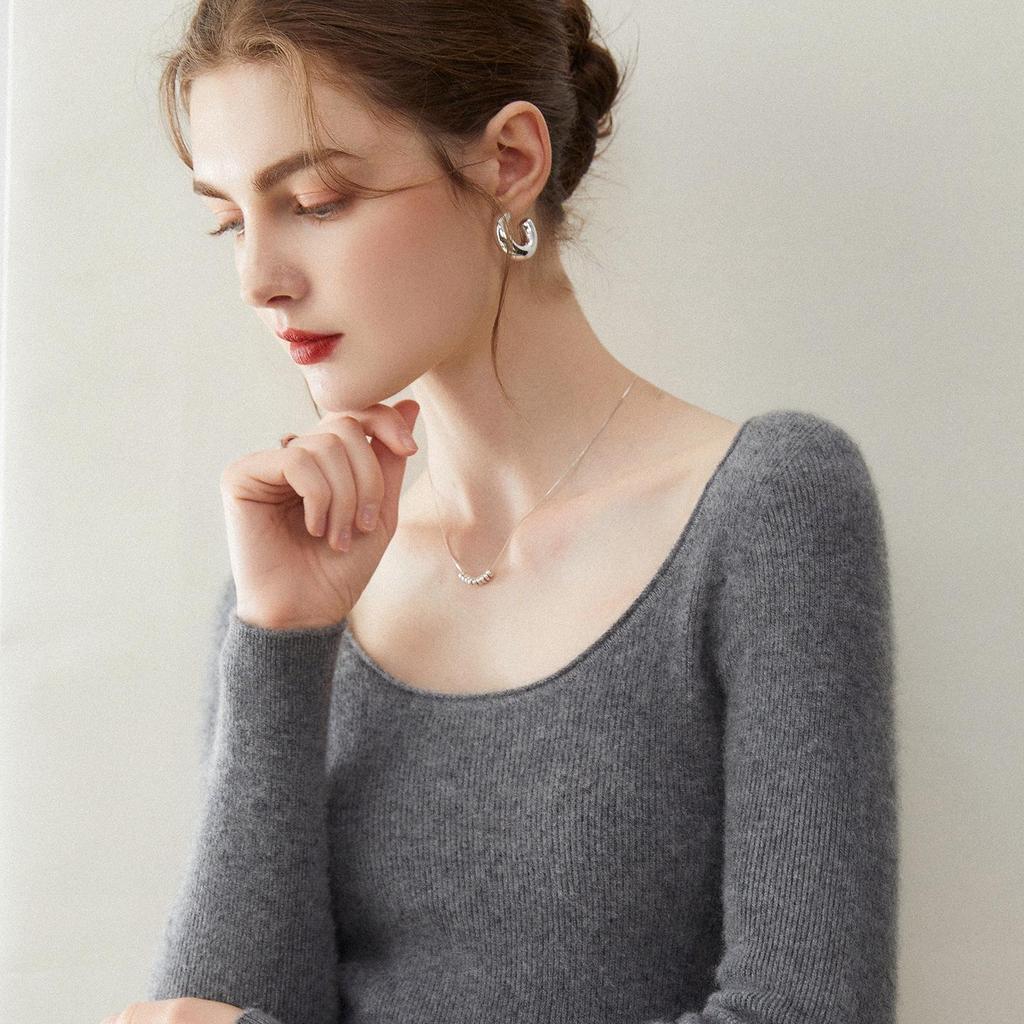 Women's Slim-Fit U-Neck 100% Cashmere Sweater - Low Round Neck Knit Base Layer