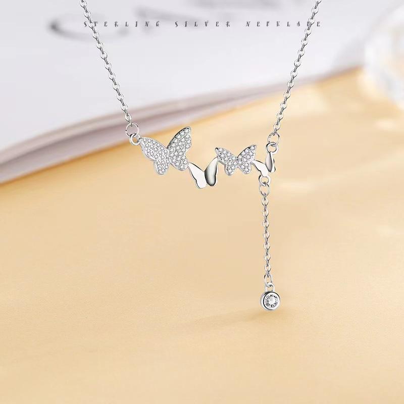 Butterfly Tassel Necklace for Women Simple and Fashionable High-end Diamond Inlaid Pendant Niche Design Versatile Collarbone Chain