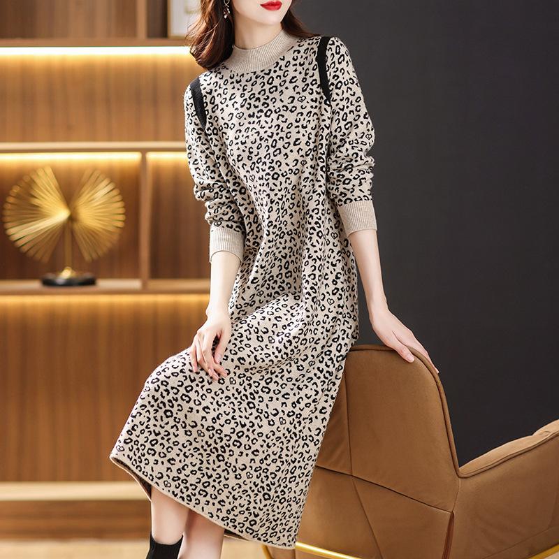 

Вязаное платье с полувысоким воротником, свободный свитер средней длины для женщин на осень и зиму, свободный вязаный свитер с леопардовым принтом XL бежевый