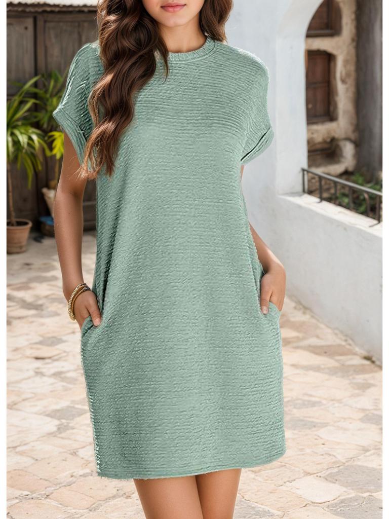 2026 Women's Solid Color Round Neck Short Sleeve Pocket Dress with Rolled Cuff