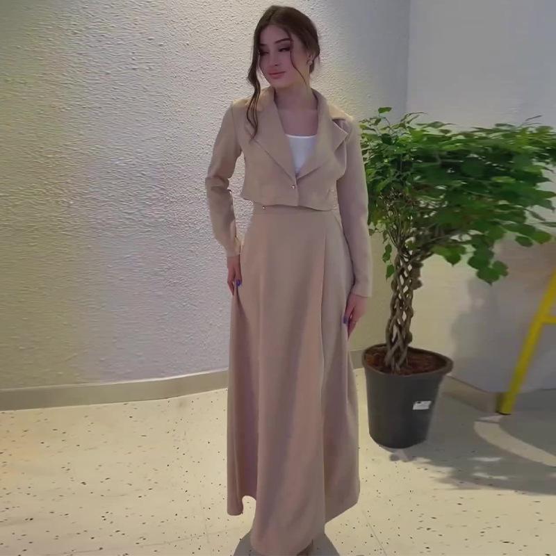 2024 Autumn Women's Solid Color Lapel Slim Short Jacket and High Waist Skirt Set