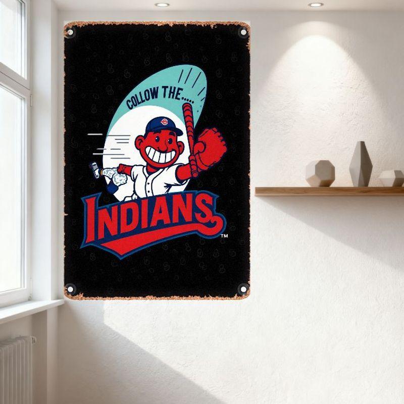 Vintage Style Metal Tin Sign with Native American Baseball Character - Follow the Indians, Weathered Rustic Wall Decor for Man C