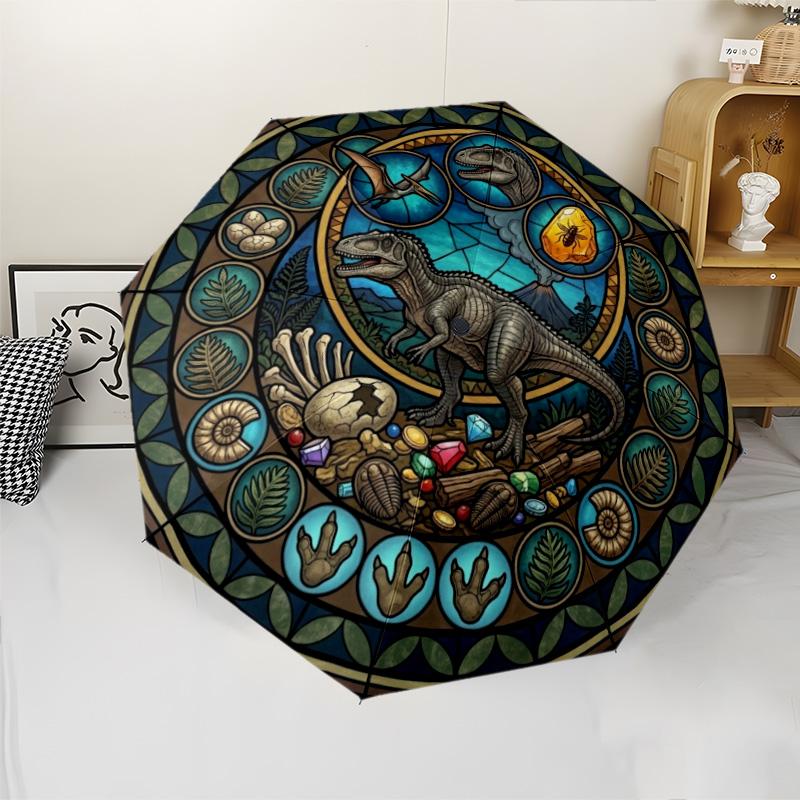 Dinosaur Glass Art Pattern Umbrella, Portable and Foldable Design, 8 Ribs, a Casual Accessory for Halloween, Christmas, and Birthday Gifts.