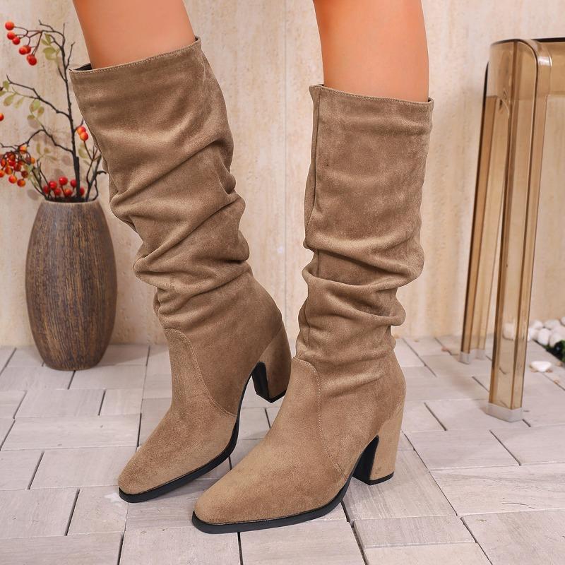 Pleated Pointed High-heeled Fashion Boots Women's 2025 Winter New Thick-heeled Plus-size High Boots