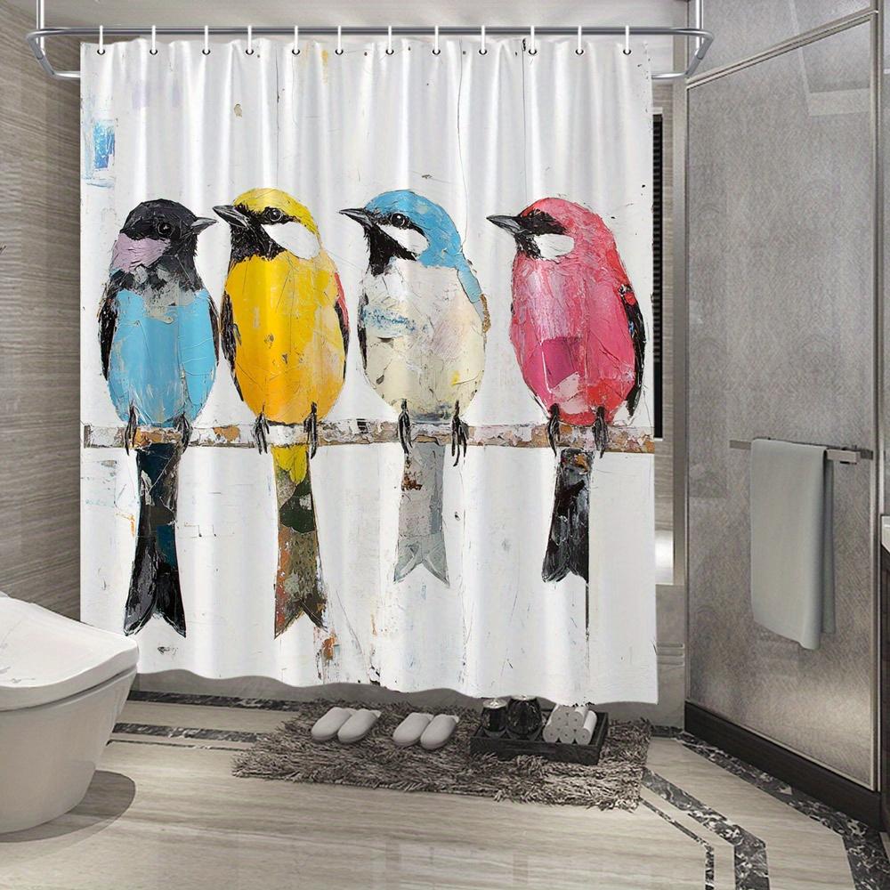 

1Pc Shower Curtain - Vibrant Impressionistic Four Birds On Branch Textured Abstract Art, Rustic White Wooden Background, W60H190(CM)-1 Pcs
