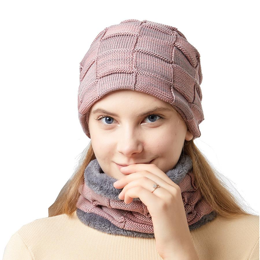 Autumn and Winter Men's Hats Two-color Square Plus Velvet Knitted Hats and Scarves Two-piece Set Couple Style Pile Hats