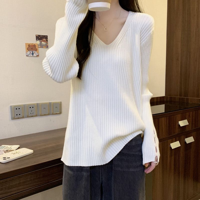 Pulover de damă de toamnă și iarnă din tricot largi, cu decolteu în V de culoare uni, top simplu