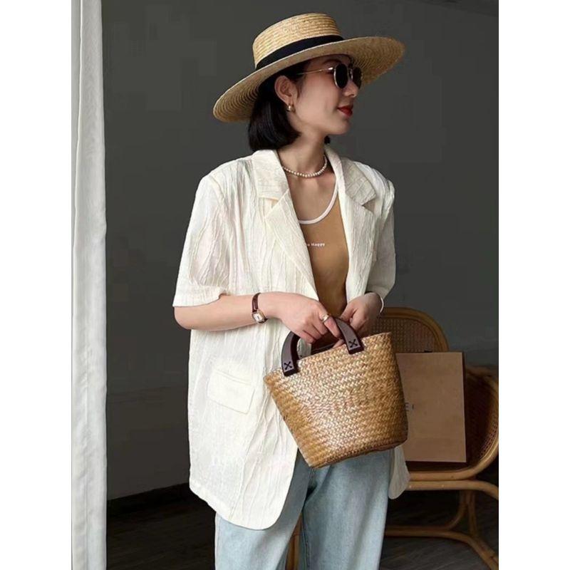 

Европейская весна и лето Новая мода Повседневный Офисный Двубортный Свободный Легкая Роскошная Текстура Короткий рукав Маленький Костюм Верхняя одежда Все-Сочетание Beige M