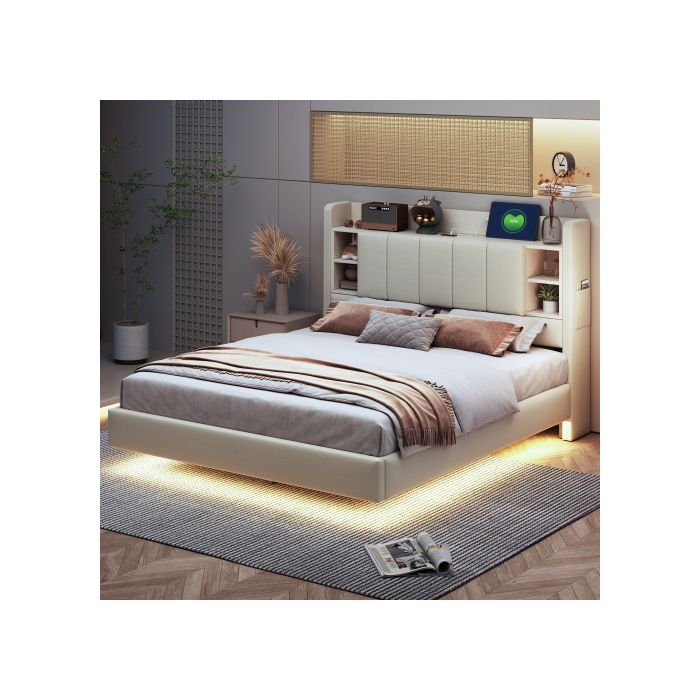 Lit - MUVOE - 140 x 200 cm - Rembourré - Prise USB - Bande lumineuse LED