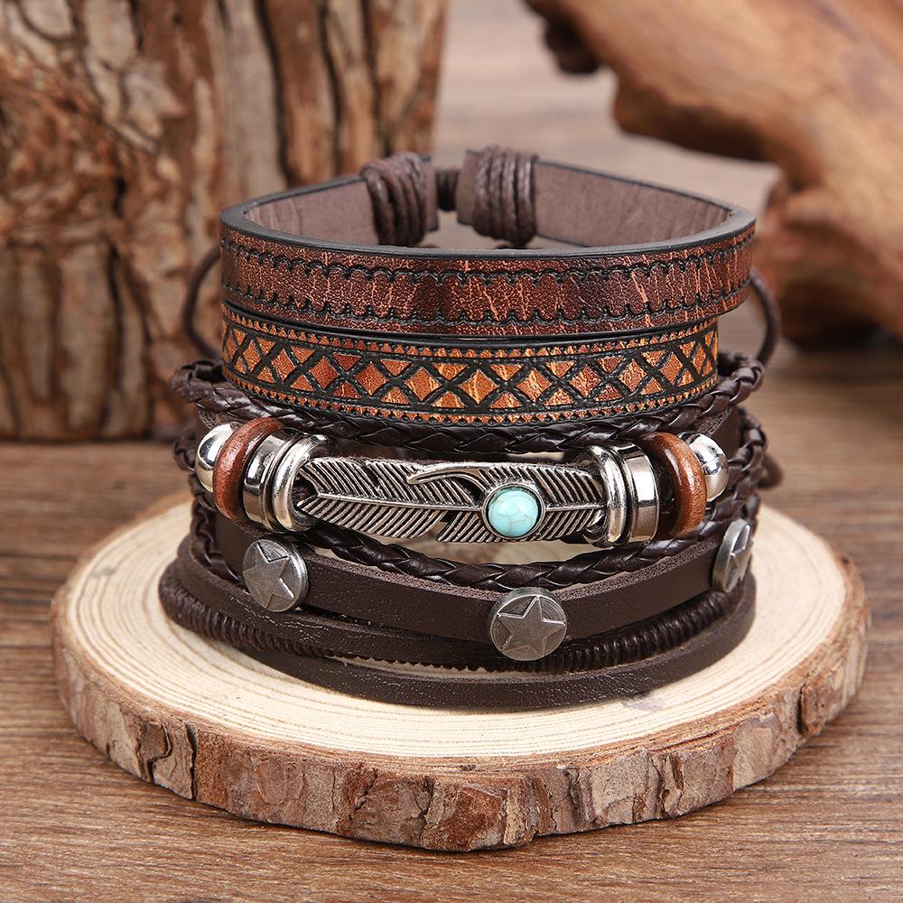 Retro Cowhide Bracelet Set with Tree and Feather Charms