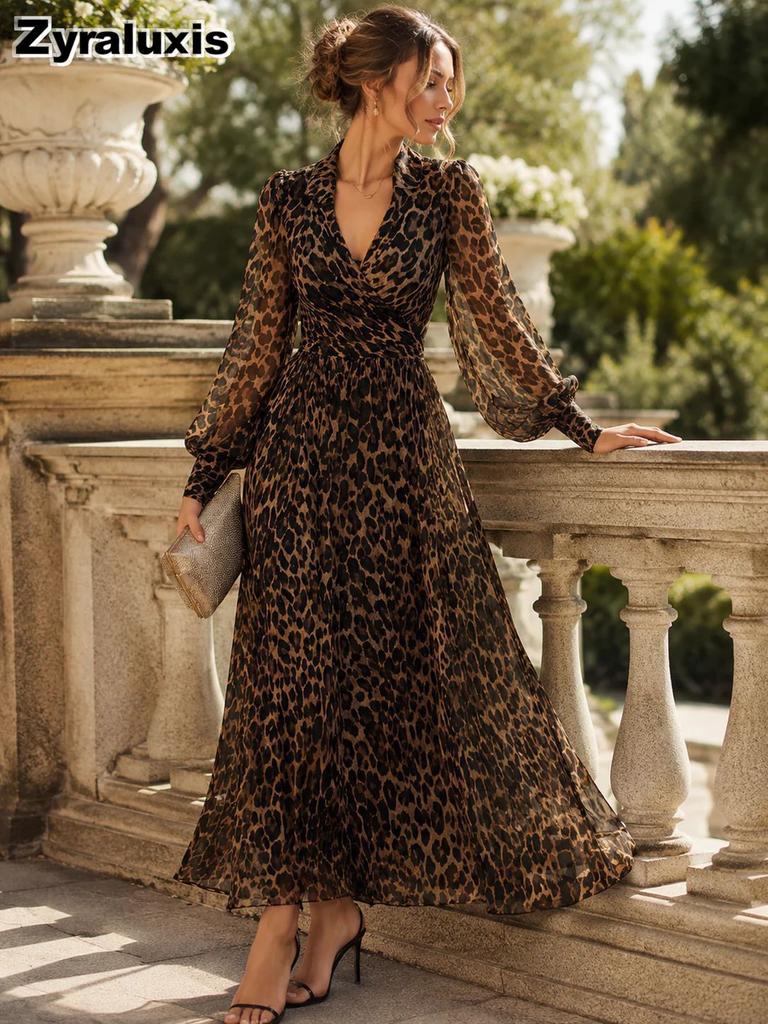 Yeni Kadın V Yaka Leopar Desenli Uzun Kollu Elbise Zarif Moda Akıcı Maksi Elbise Kadınlar İçin