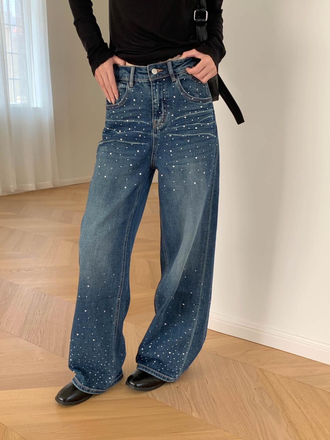 

Stylish Rhinestone Straight-Leg Jeans with 3D Whiskers Design for Women Size 28 темно-синий
