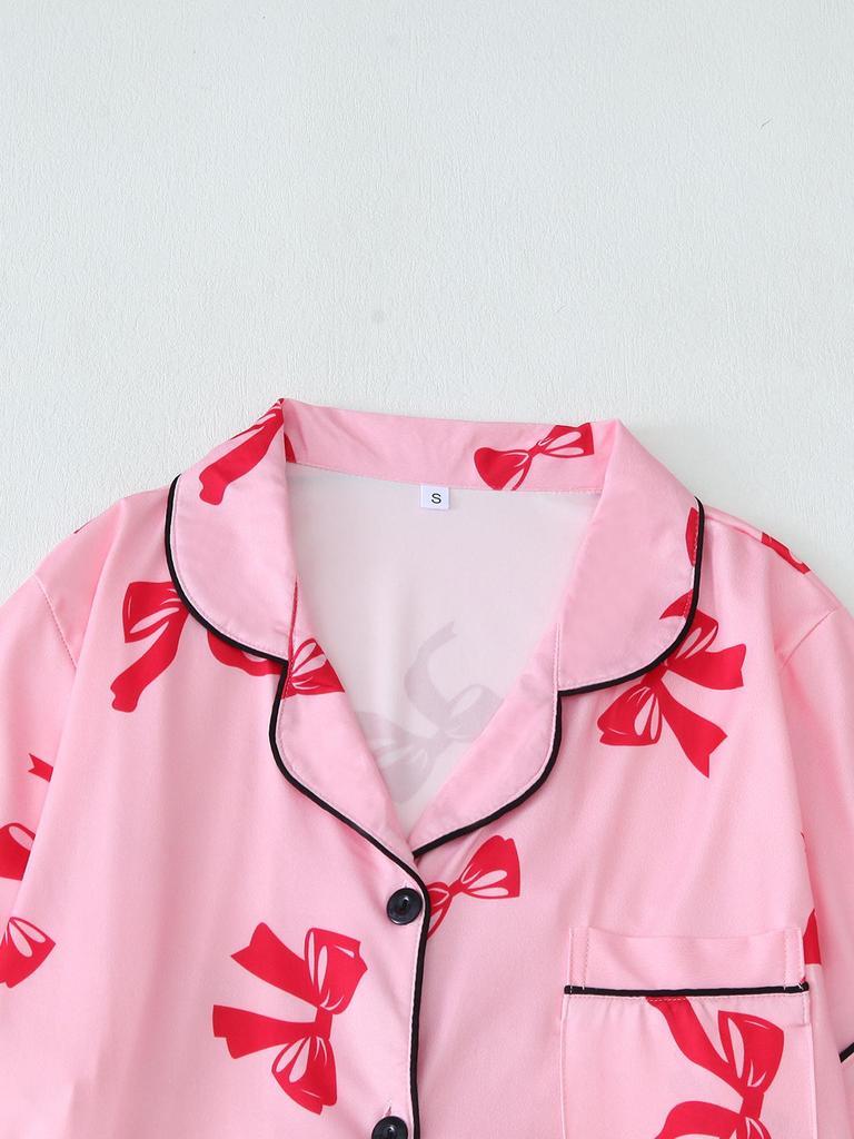 Bow Short-Sleeve Pajama Shorts Set – Stylish Indoor/Outdoor Wear