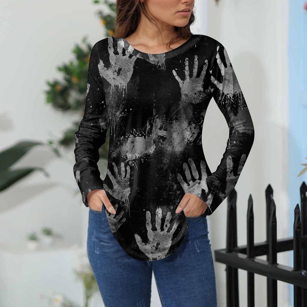 Women's Loose Fit Long Sleeve T-Shirt with Retro Halloween Print, Neck Pullover Top