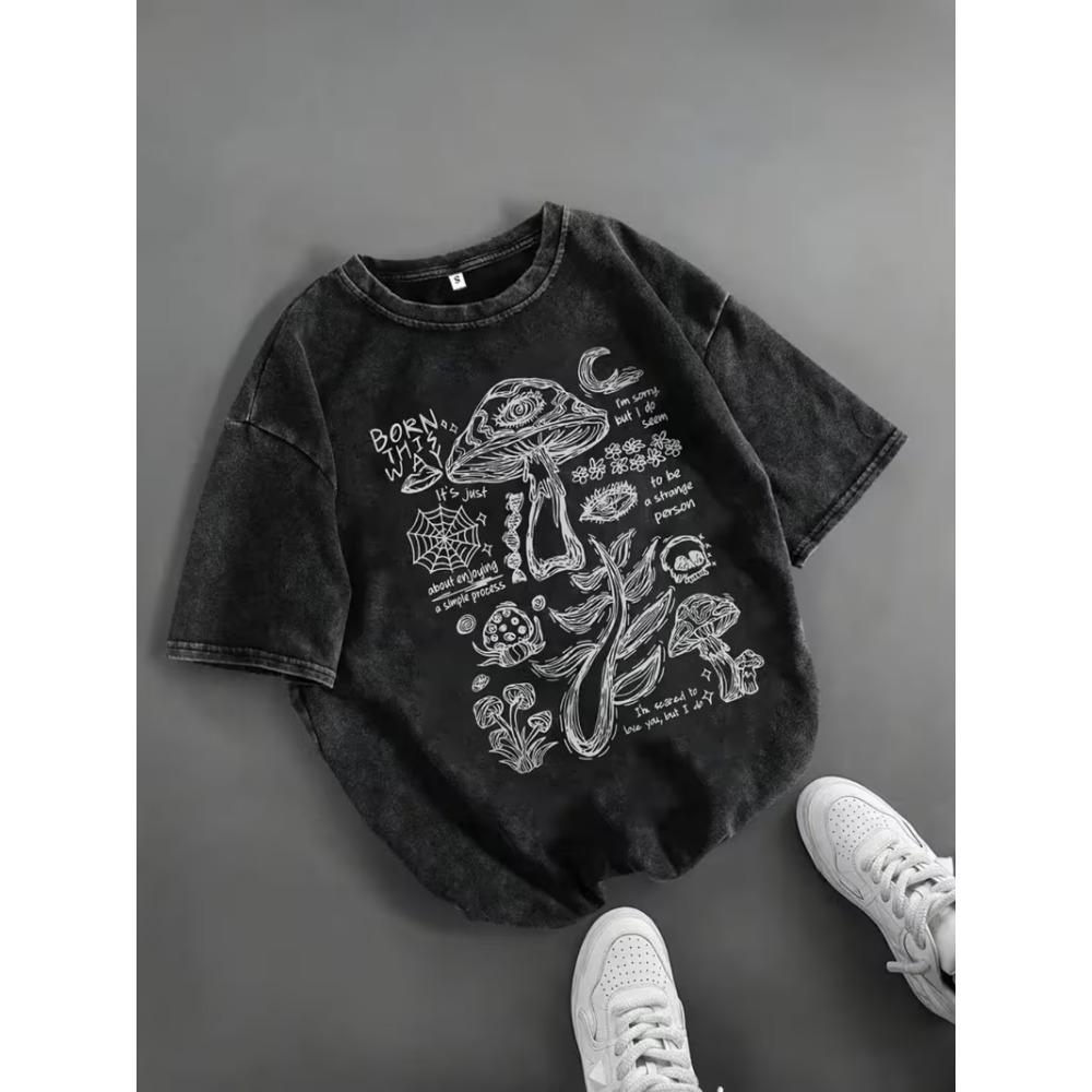 Psychedelic Eye Mushroom Print T-Shirt Unisex Washed Black Oversized Tee Y2K Streetwear Shirt Aesthetic