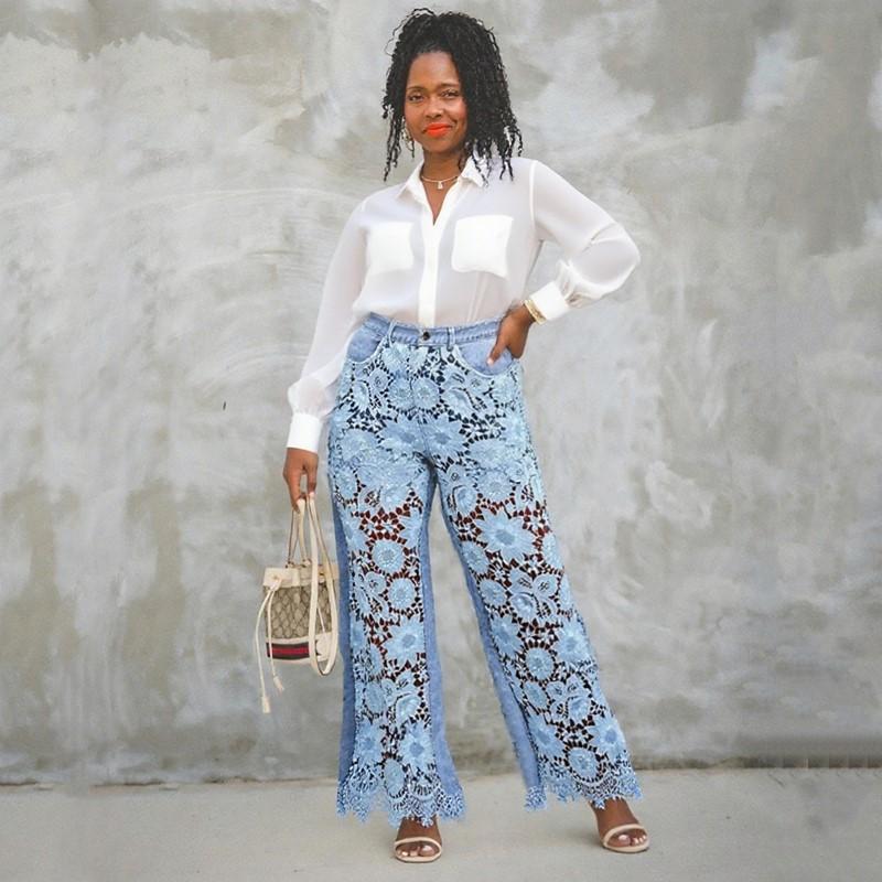 Lace Patchwork Plus Size Vintage Floral High Waist Casual Loose Women Summer Jeans Denim Wide Leg Pants