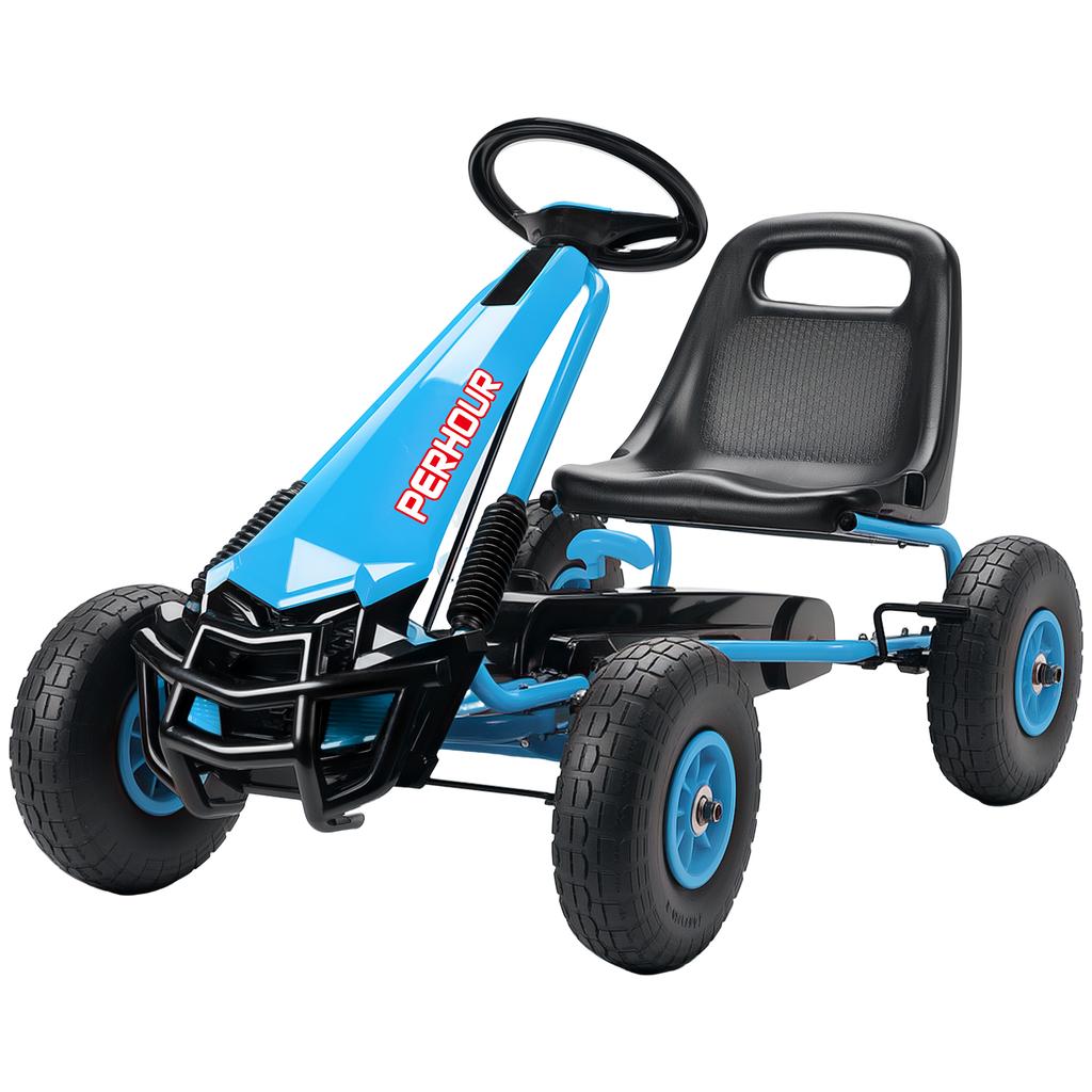 Go-kart a pedali per bambini con sedile regolabile, pneumatici in EVA, frizione manuale, freno, Go-kart per bambini 3-8 anni, Blu