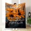 Yellow Flowers with Text Overlay and a Glowing Sunset Reflection. for All Seasons Blanket Lunch Break Throw Gift