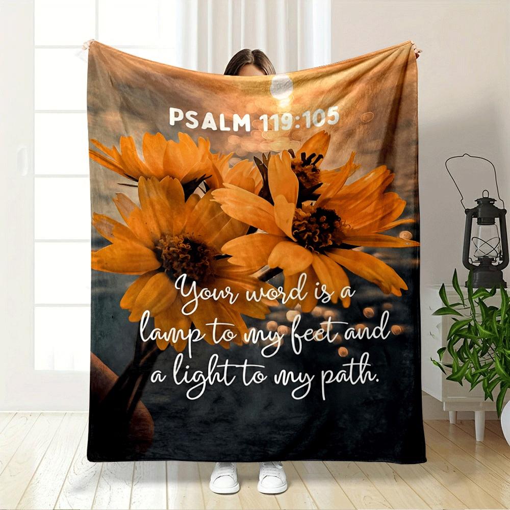 Yellow Flowers with Text Overlay and a Glowing Sunset Reflection. for All Seasons Blanket Lunch Break Throw Gift