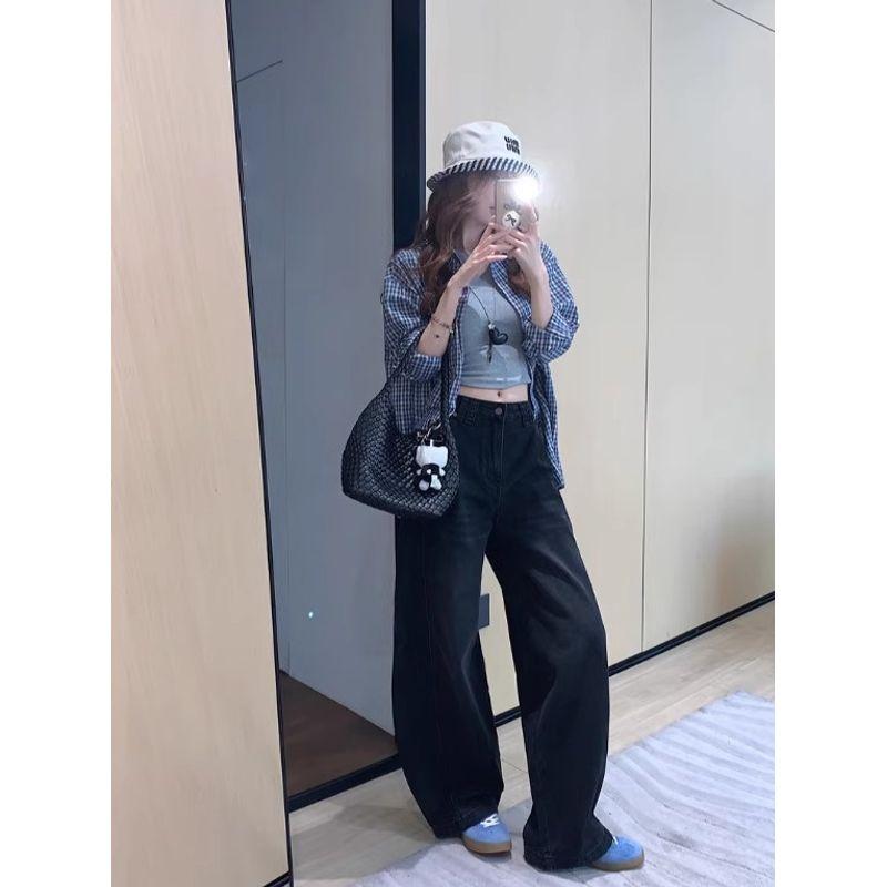 Kumikumi Retro Washed Distressed Black Drape Jeans Women Clothes Autumn All-Match Loose Wide-Leg Pants Trousers