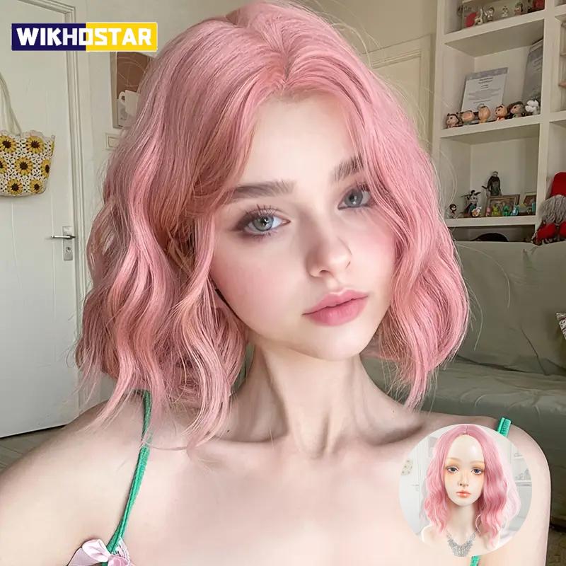 14Inch Pink Wig for Women Short Wavy Pastel Pink Wigs with Lace Shoulder Length Middle Part Curly Wavy  Wig