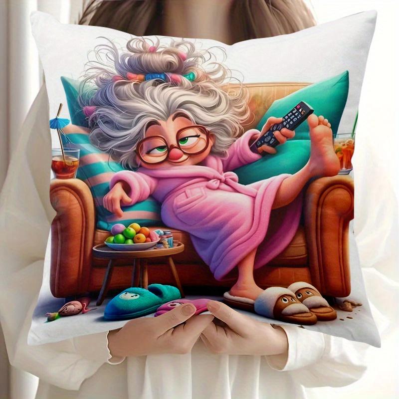 1Pc Funny Lazy Grandma Print Throw Pillow Cover,Suitable For Sofa,Bedroom,Living Room,A Humorous Gift For Best Friends