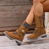2025 Winter New Mid-Top Women's Boots Round Toe Square Heel Leather Buckle Yarn Stitching Martin Boots Plus Size Snow Boots