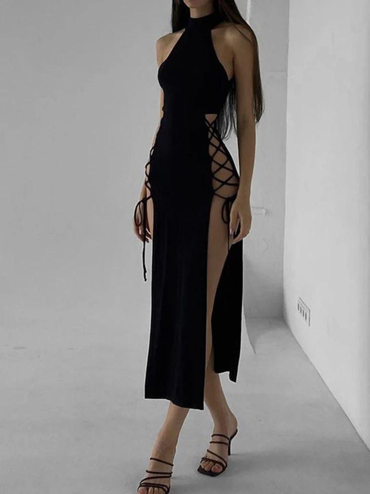 Goth Dark Cosplay High Split Sexy Bandage Women Dresses Gothic Halter Slim Midi Dress Black Grunge Style Alt Partywear