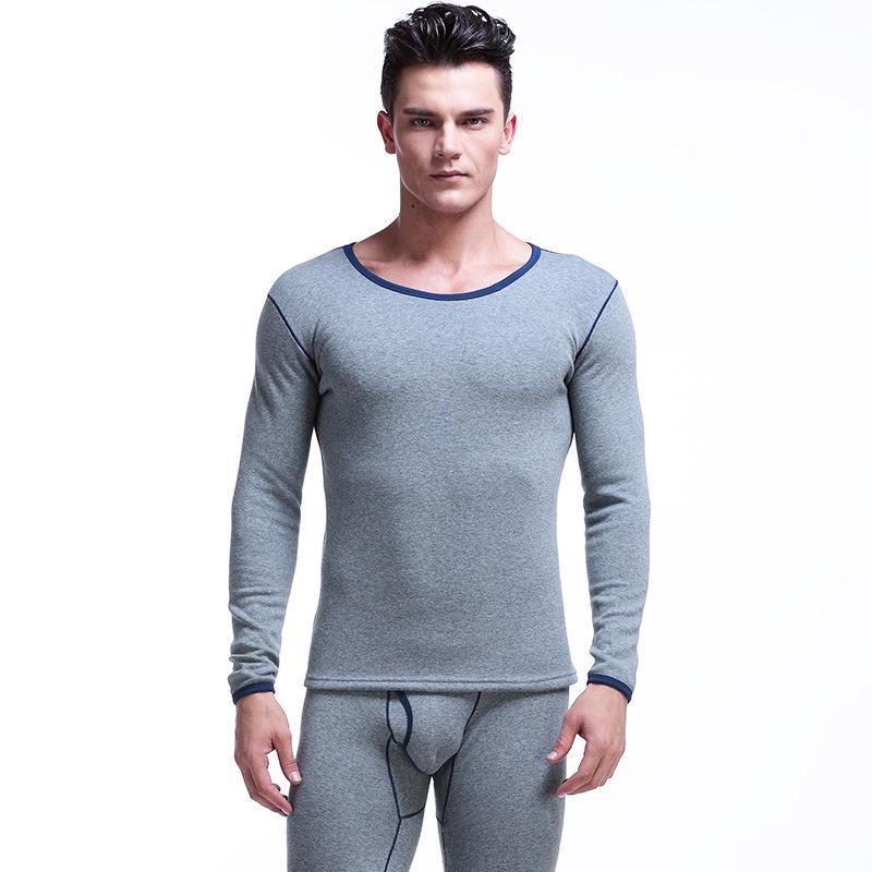 Thermounterwäsche-Set für Herren: Rundhals, V-Ausschnitt, Samtgefüttert, Kältefest, Herbst/Winter Baumwollpullover und Hose.