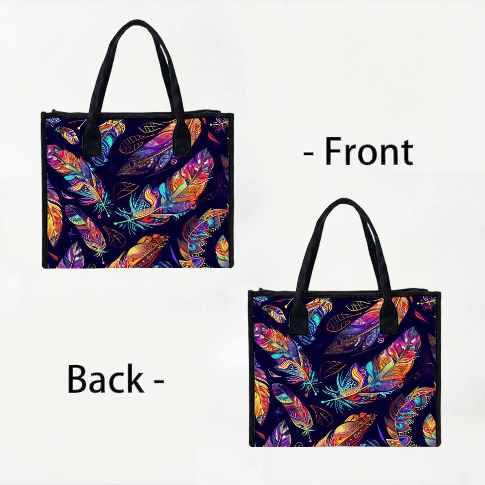 Bohemian Colorful Feather Pattern Large Tote Bag Portable Casual Daily Shoulder Handbag for Outdoor Shopping Travel