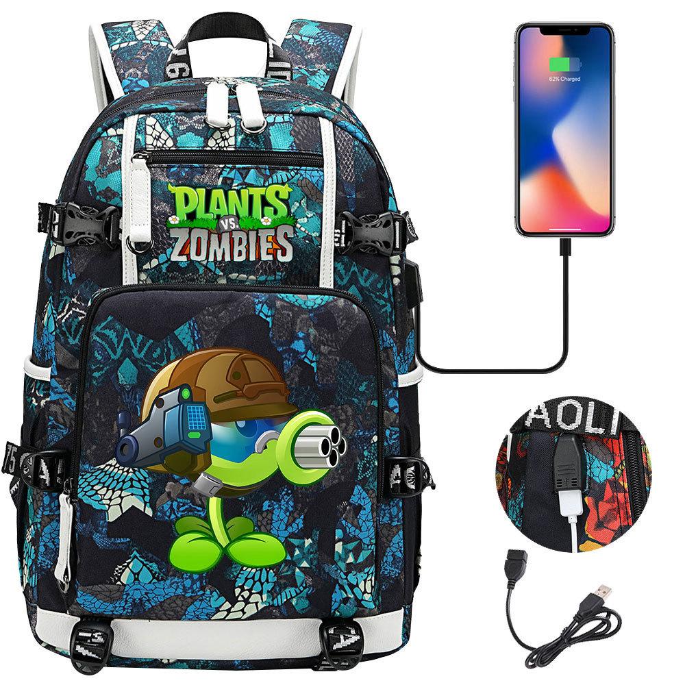 Plants vs Zombies USB-Kopfhörer Rucksack für Teenager Schüler Freizeit Reise Tagesrucksack Große Kapazität Laptop Tasche