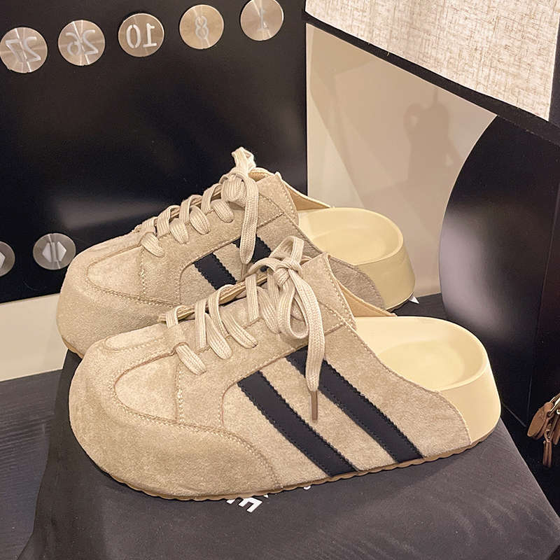 2025 Spring and Summer New Fashion Korean Version Lace-up German Training Shoes Casual Style Versatile Inner Height Increase Soft Sole Bag Head Half 