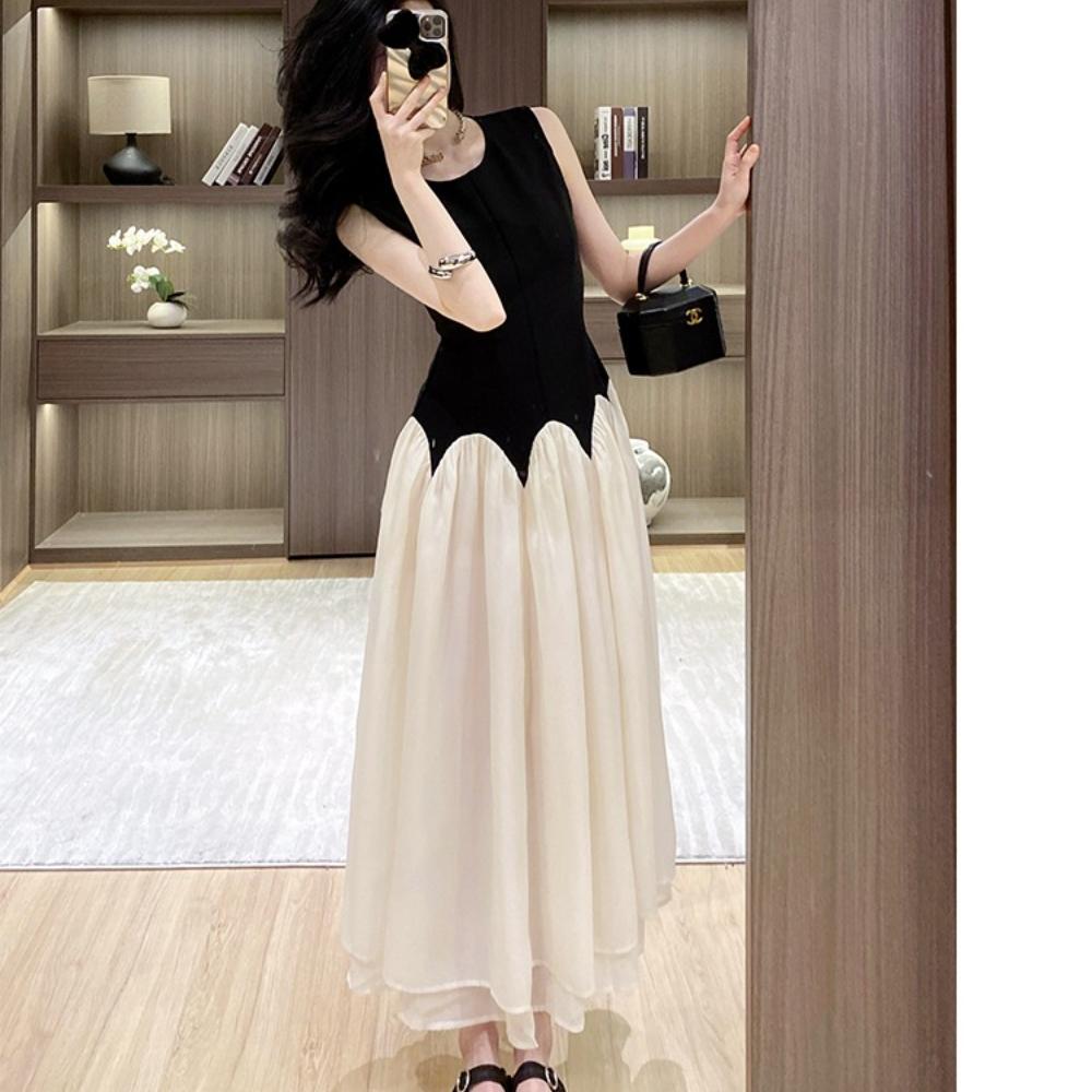 Elegant Ladies Round Neck Sleeveless Long Dress Chic Design Patchwork Color Formal Occasion Women Summer Dress