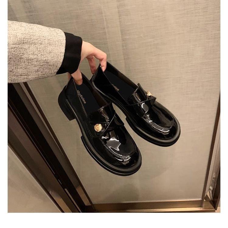 

Summer new British style bright leather small leather shoes platform-soled versatile loafers women s shoes step on the heel lazy soft-soled single sho 40