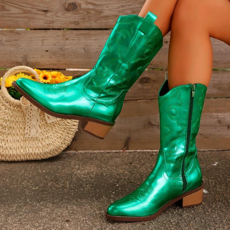 Autumn and Winter New Mid-tube Boots Women's Embroidered Pointed Toe Covers Block Heel Western Cowboy Boots