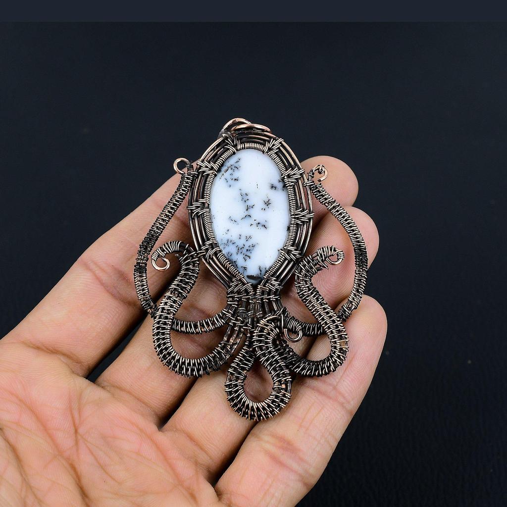Dendrite Opal 999 Copper Wire Wrapped Pendant, Handmade Gemstone Jewelry Pendant Gift For Birthday