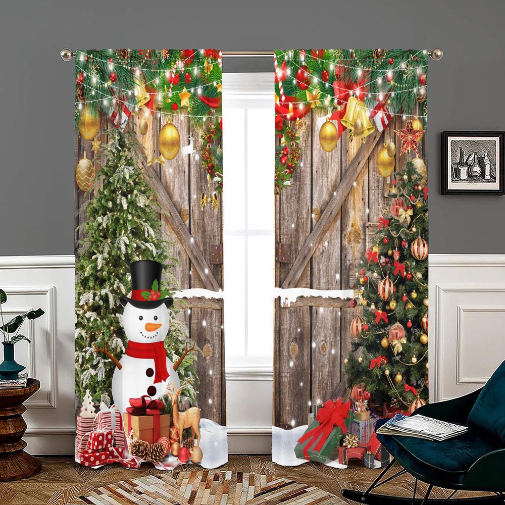 

2 Pieces, Christmas Tree Wooden Door Snowman Curtains -30% Blackout - Suitable for Living Room, Bedroom, Kitchen, Home Decoratio W150CM H166CM&Rod pocket
