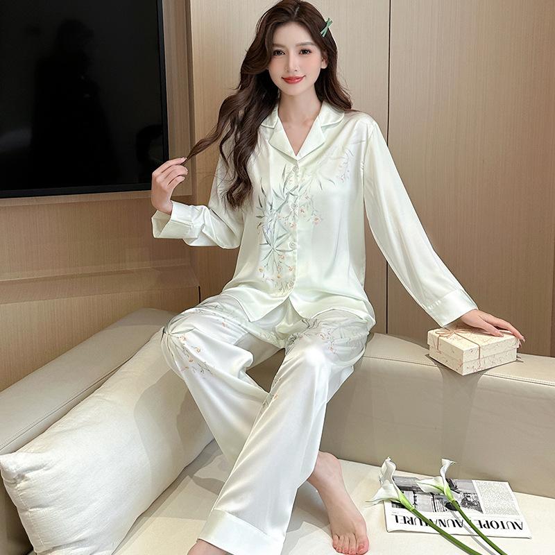 1011 [National Style] Ice Silk Pajamas Women's Long Sleeves and Pants Printing Simple and Soft Can be worn outside Silky Home