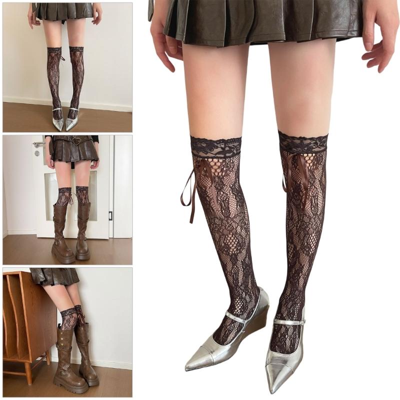 Floral Lace Thigh High Stockings Laces Up Over Knee Highs Socks Fishnet Stockings Sweet Bows Thigh High Sock Hosiery