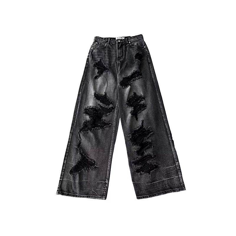High Street Vintage Schwarze Ripped Jeans Mode Weite Hosen Damen High Waist Gerade Hosen Baggy Hosen Y2k Jeans