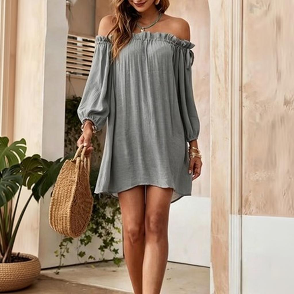 Women's Off-Shoulder Long Sleeve Loose Fit Straight Dress for Everyday Casual Wear